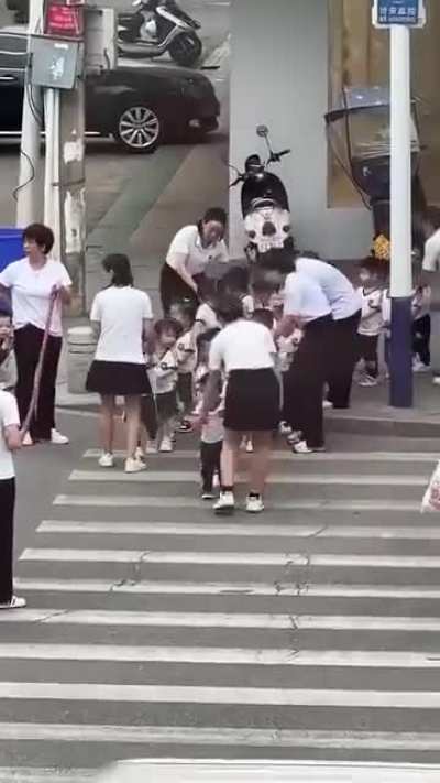 The absolute logistics of crossing the street with toddlers in Asia. They even bring out a safety rope for 20 kids.