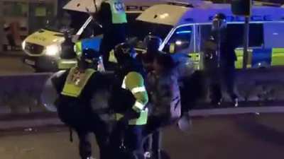 Police dog trained to stop vicious persons bites police officer who attacked woman sat down facing away from him.