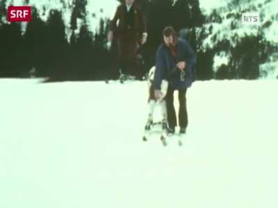 A calf learning how to ski in Switzerland (1974)
