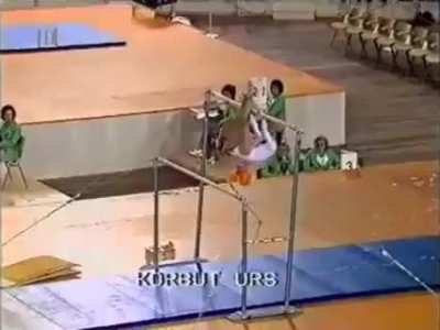 Olga Korbut performing the "Dead Loop" move in 1972 which has been banned since then because of how dangerous it is