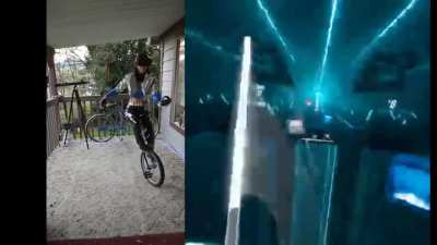 Kda Akali playing beat saber one legged on a unicycle