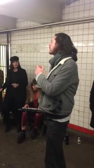 Hozier performs "Take Me To Church" in a NYC subway
