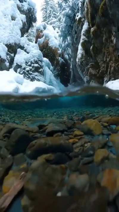 ? Snow flakes falls softly into crystal clear water ❄️