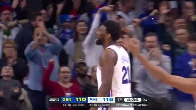 [Highlight] Embiid is fired up after his three pointer forces the Nuggets to call timeout, giving him 44 on the night