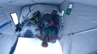 At first I thought the tent got hit by a tornado