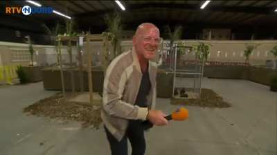 Chicken farmer who laughs like a chicken ?