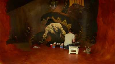 I built a curved wall in my basement to make 3D paintings. This is my newest piece, a master study of Frank Frazetta's "Conan the Usurper"