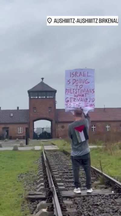 "Pro-Palestine protestor outside Auschwitz concentration camp memorial site"