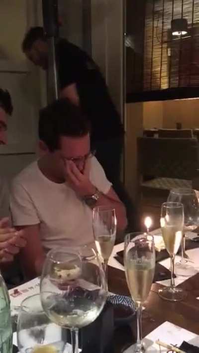 Every time we go out to dinner we ask for a surprise birthday cake/dessert always for the same friend. That night we changed target? You can see him die in the spot