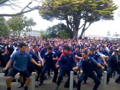 Students of Kelston Boys’ High School perform a massive haka in honour of the new Maori carving on campus (volume warning)