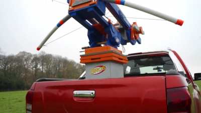 My brother and I built a Nerf Gun Crossbow and mounted to the back of a pickup. Then we chased our mates wearing inflatable dinosaur costumes around a field. Video link in the comments.