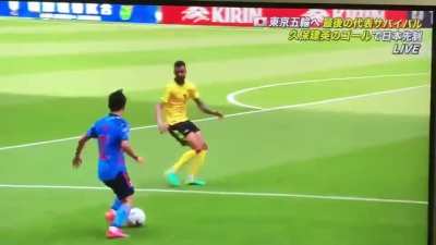 A Japanese soccer player nutmegged(ball passing between the legs) four people to score a goal