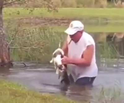 A Man Opens Up A Crocodile's Jaw With His Bare hands to Free A Dog
