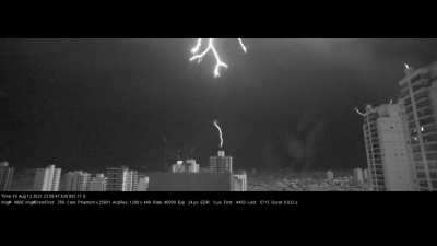Upward discharges of lightning with a device that records 40,000 images a second!!! Less than one millisecond before the lightning touches it, the rod, provoked by the presence of the negative discharge of the lightning, sends a positive discharge up to c