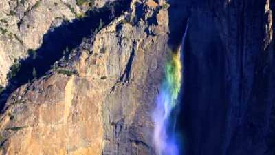 ?High winds at the perfect time of day created a previously undocumented 2,400 foot rainbow waterfall in Yosemite National Park