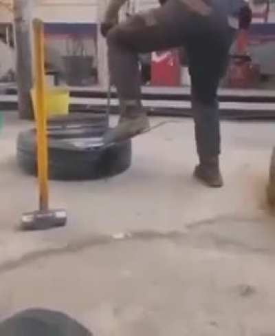 Changing a tyre.