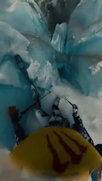 Skier falls into giant crevasse in French Alps.