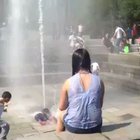 Walking into the powerful spray..