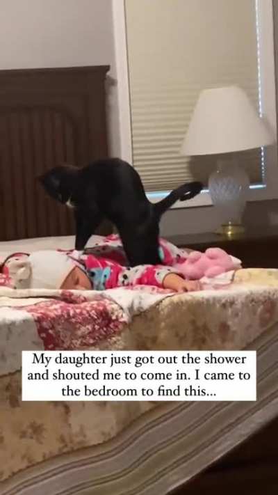 Kitty taking care of little kiddo