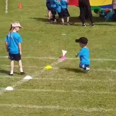 Nathan, 7, with dwarfism participated in his first sports day. He was offered a head start but refused as he wanted to be like his class and start with them. With Nathan falling begging his mate didn’t want him to be alone and finish last, so she stopped