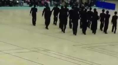 ‘Shuudan koudou' is a group exercise that requires the participants to create various intersecting formations by doing synchronised group walks. The art of Japanese precision walking by these high school students is stunning