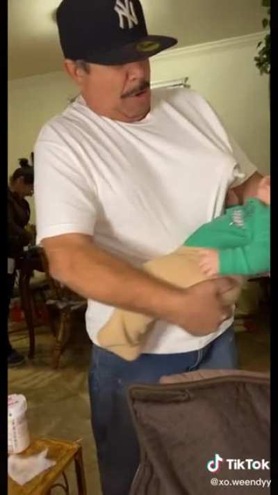 This guy’s grandson wouldn’t take the bottle so he improvised