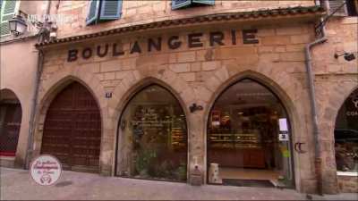 Cat runs into glass door on French bakery program