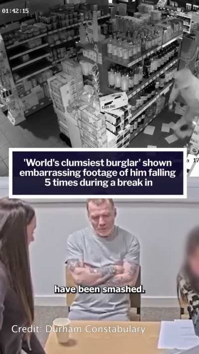 Burglar is shown embarrassing footage of him falling 5 times during break in. To make it worse he even ends up spilling the water cup in the end.