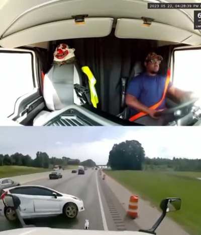 To cut in front of a Semi truck