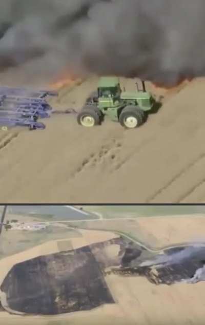 Tractor driver cuts a non-flammable trail to save the rest of the harvest from the fire