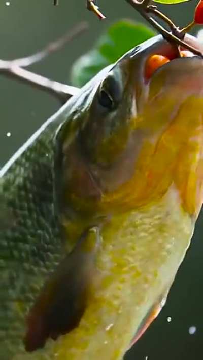? Fish leaps from water to consume fruit