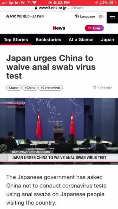 Japan asks China don’t take PCR tests from the anus. ? Who wants to go to China?