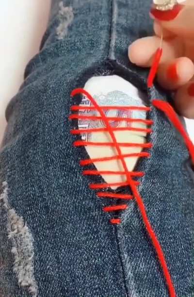 When she pulls the thread tight on this perfect denim seam repair ? [crosspost]