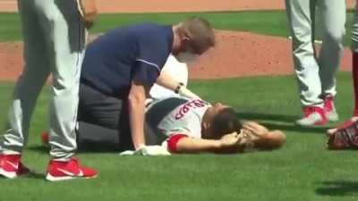 Baseball player takes 105 MPH hit in the balls