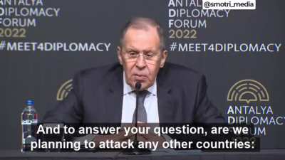 Absolute peak Russia. Asked whether it was planning to attack other countries, Lavrov said: "We are not planning to attack other countries. We didn't attack Ukraine in the first place".