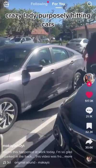 Lady hitting multiple cars in parking lot. Hope they had good insurance