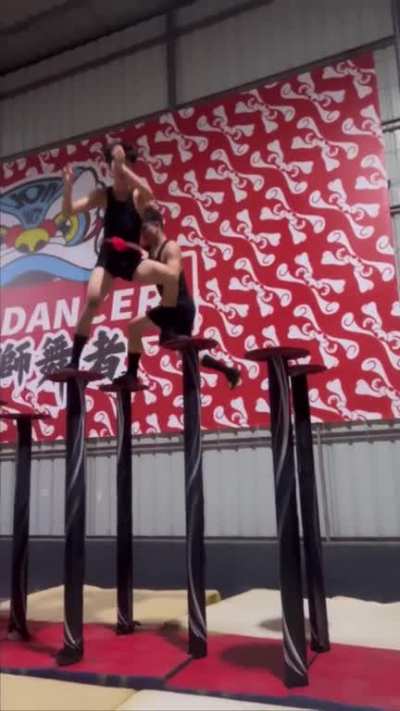 These two acrobats practicing their Lion Dance.