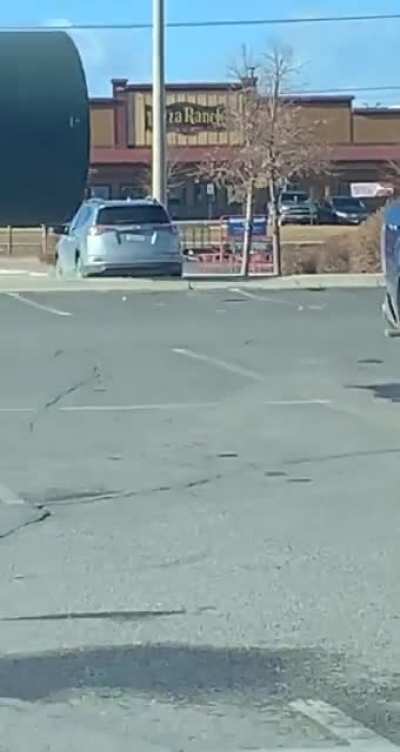 Cylinder rolls perfectly between two cars in a parking lot (Source: skrattch on TikTok)