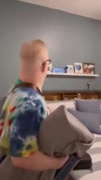 John loves his suprise! His sister, and brother-in-law (who he lives with) re-did his bedroom while he was away with family. This was amazing reaction once he returned home. ??