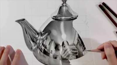 drawing this distorted mirror image on a tea pot