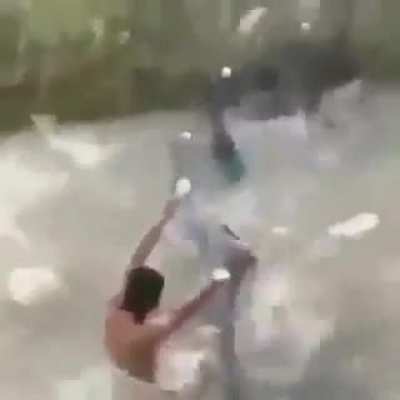 This man expects a lot of fish to sell, but they get attacked by the fish ?