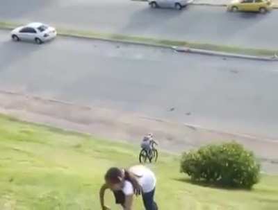 Guy riding a bike and getting hurt