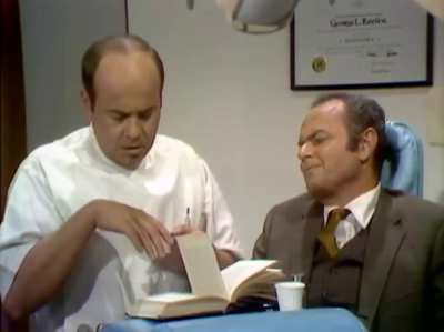 Tim Conway and Harvey Korman in a 1969 sketch from "The Carol Burnett Show". Conway plays a rookie dentist struggling to give novocaine to his first patient. Korman admits in later interviews he peed himself laughing at Conway's antics during this sketch.