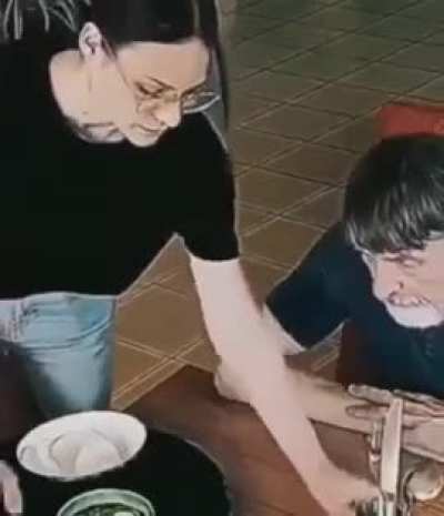 He was eating someone else's leftovers when she took them away and gave him fresh food instead ?